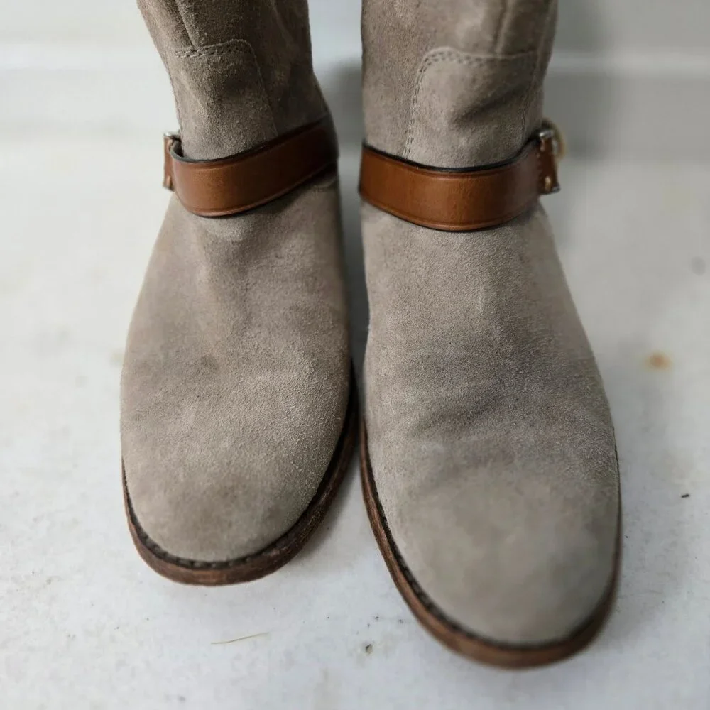 COACH Size 7.5 Amy Leather Taupe Low Stacked Heel Western Moto Boots Women's